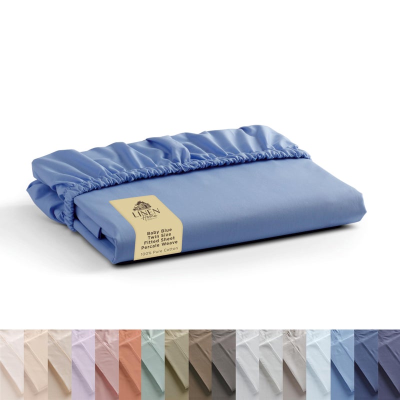 Linen Home 100% Cotton Percale Fitted Sheet Twin Size  Baby Blue  1 Deep Pocket Fitted Sheet  Crisp and Cool Strong Bed Linen  39""X75""+15""  - Image 1