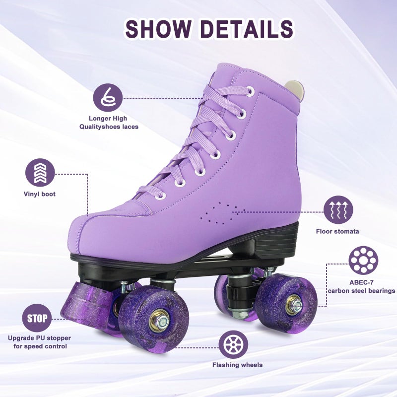 Gets Roller Skates Women Outdoor High-top Adult Roller Derby Skates Wheels Light Up Roller Skates Double Row Quad Skates for Men Girls Unisex (Purple Flashing Wheel,39) - Image 3