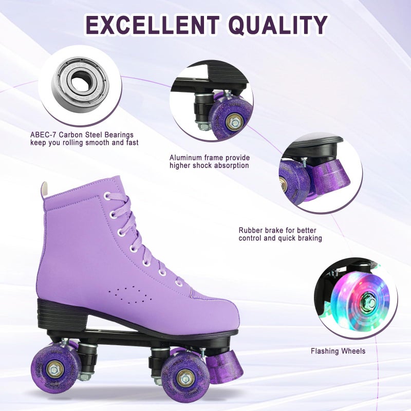 Gets Roller Skates Women Outdoor High-top Adult Roller Derby Skates Wheels Light Up Roller Skates Double Row Quad Skates for Men Girls Unisex (Purple Flashing Wheel,39) - Image 2