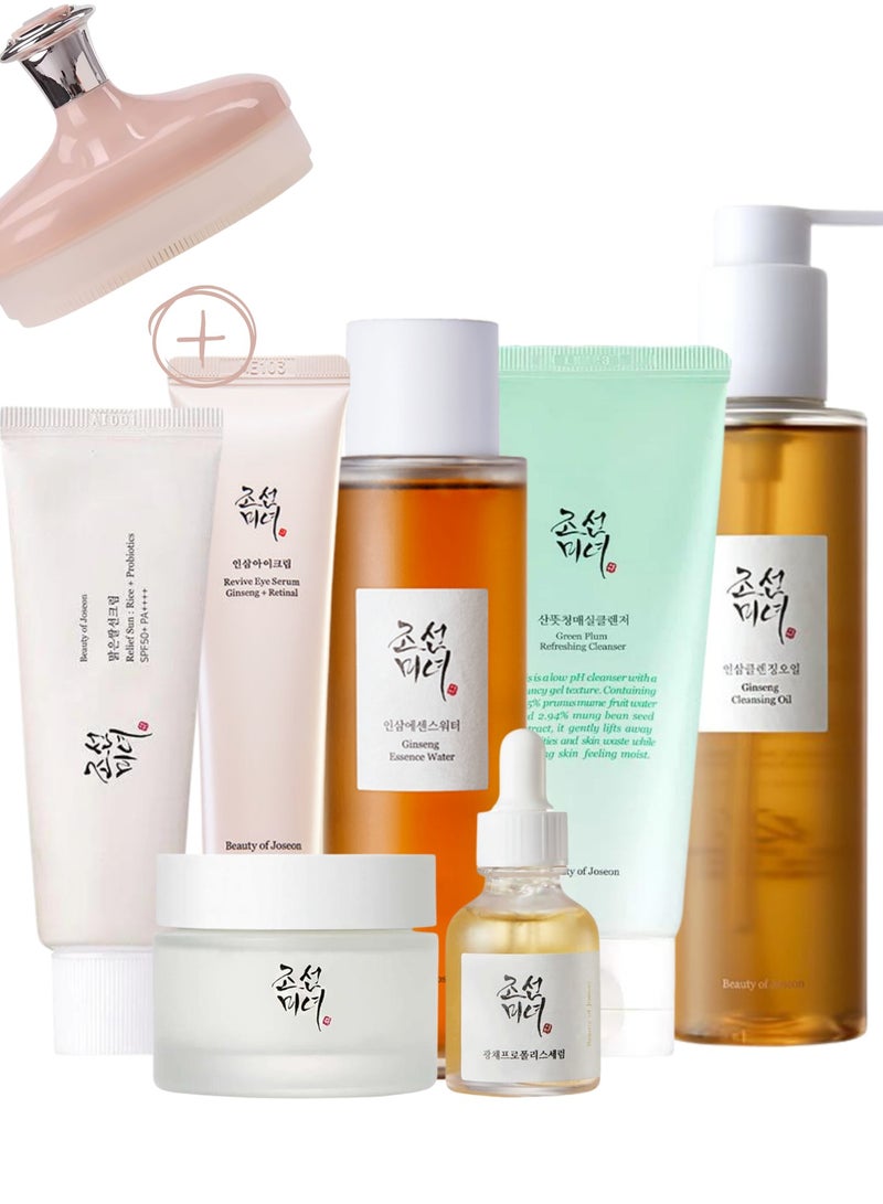 Beauty of Joseon Optimal Collection for Glowing Skin & Face Scrubber - Cleansing Oil, Cleansing Foam, Essence Water, Revive Eye Serum, Glow Serum, Dynasty Cream, Sunscreen Rice Probiotics SPF50+ PA++++ 560ml - Image 1