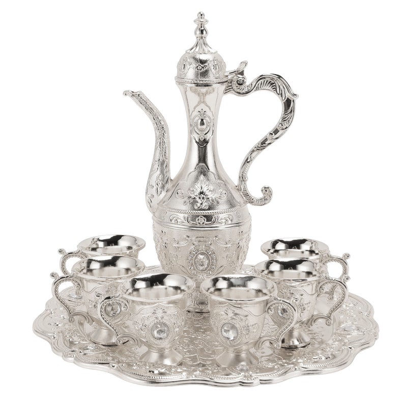 Alloy Wine Glass Pot Set Rustproof Exquisite Decorative Vintage Coffee Pot Set for Tea Home Party Wedding Silver White - Image 2