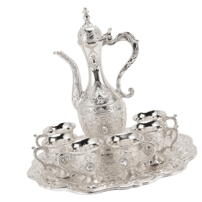 Alloy Wine Glass Pot Set Rustproof Exquisite Decorative Vintage Coffee Pot Set for Tea Home Party Wedding Silver White - Image 4