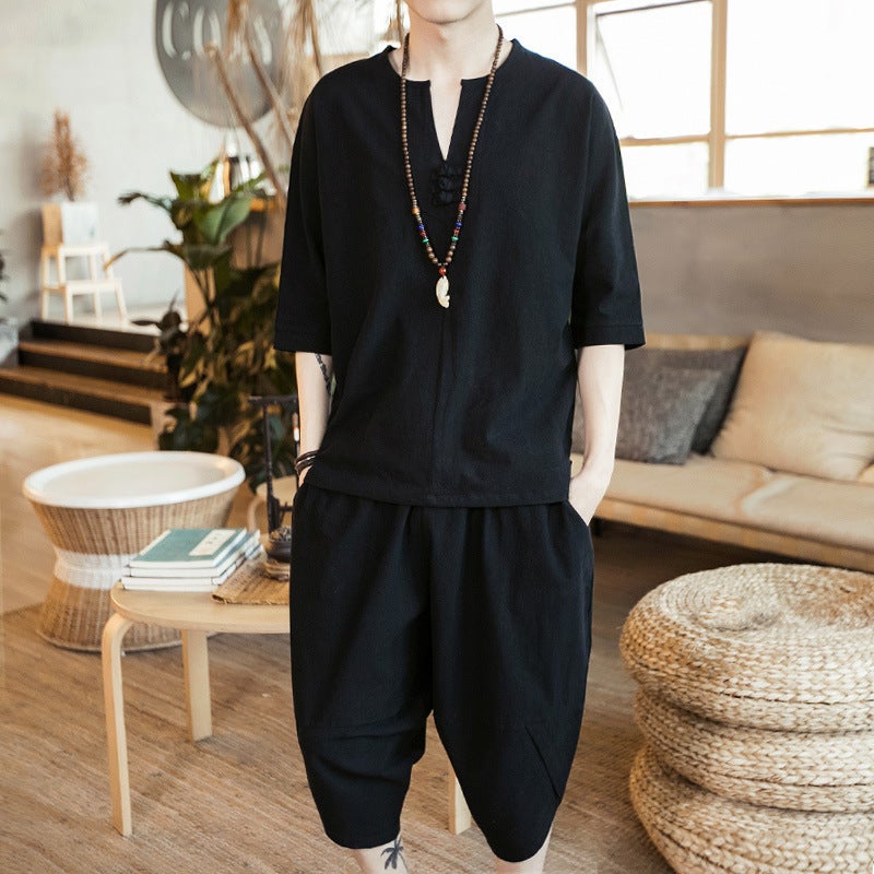 Linen Short-sleeved T-shirt Mens plus size Loose Seven-sleeved T-shirt Trendy Brand Summer Thin Cotton and Linen Shorts Casual suit [suit] black