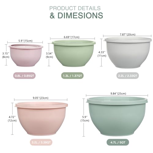 Greentainer Plastic Mixing Bowls with Lids Set for Kitchen 5 Set Nesting Bowls for Mixing Baking Prepping Cooking and Serving Food Mixing Bowls Dishwasher Microwave Safe - Image 3