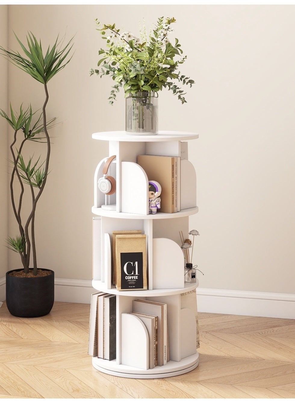 360° Rotating Bookshelf, Large Capacity Narrow Tall Bookcase with Anti-Fall Baffles, Corner Storage Rack for Bedroom, Living Room & Office
