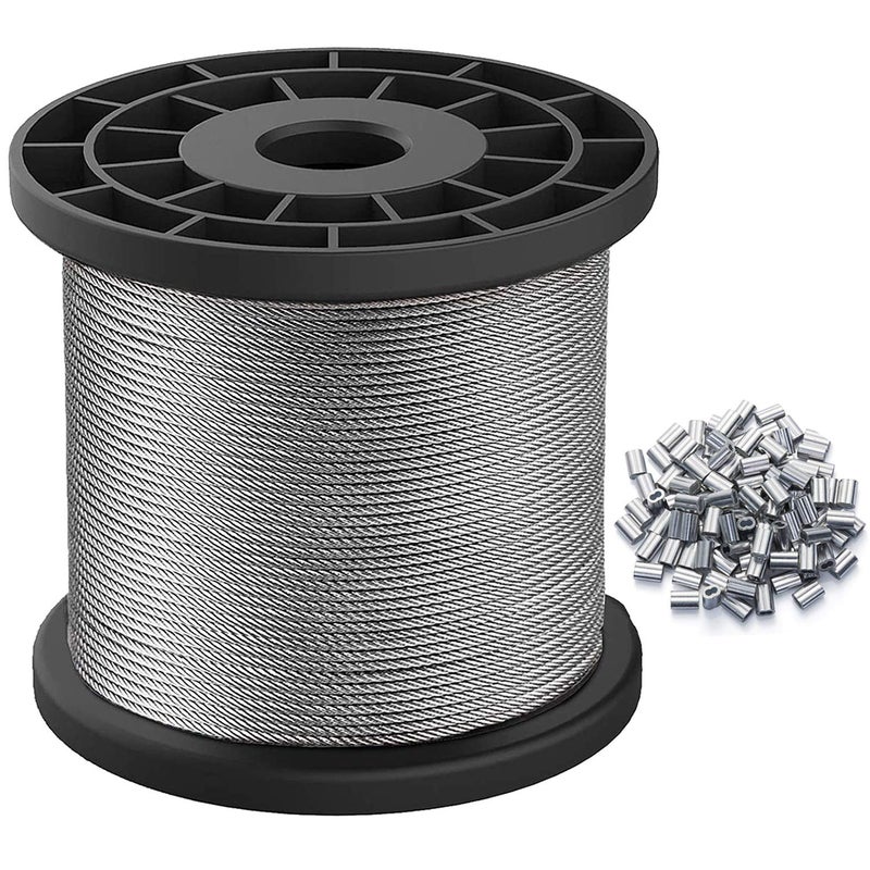REKOBON Wire Rope 116 Wire Rope Stainless Steel 304 Wire Cable 328FT Length Aircraft Cable with 100pcs Sleeves Stops 7x7 Strand Core 368 lbs Breaking Strength Perfect for OutdoorYardGarden or Crafts - Image 1