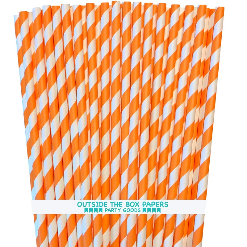 Outside the Box Pape Stripe Paper Straws - Party Supply - Orange White - 7.75 Inches - Pack of 100 - Outside the Box Papers Brand - Image 1