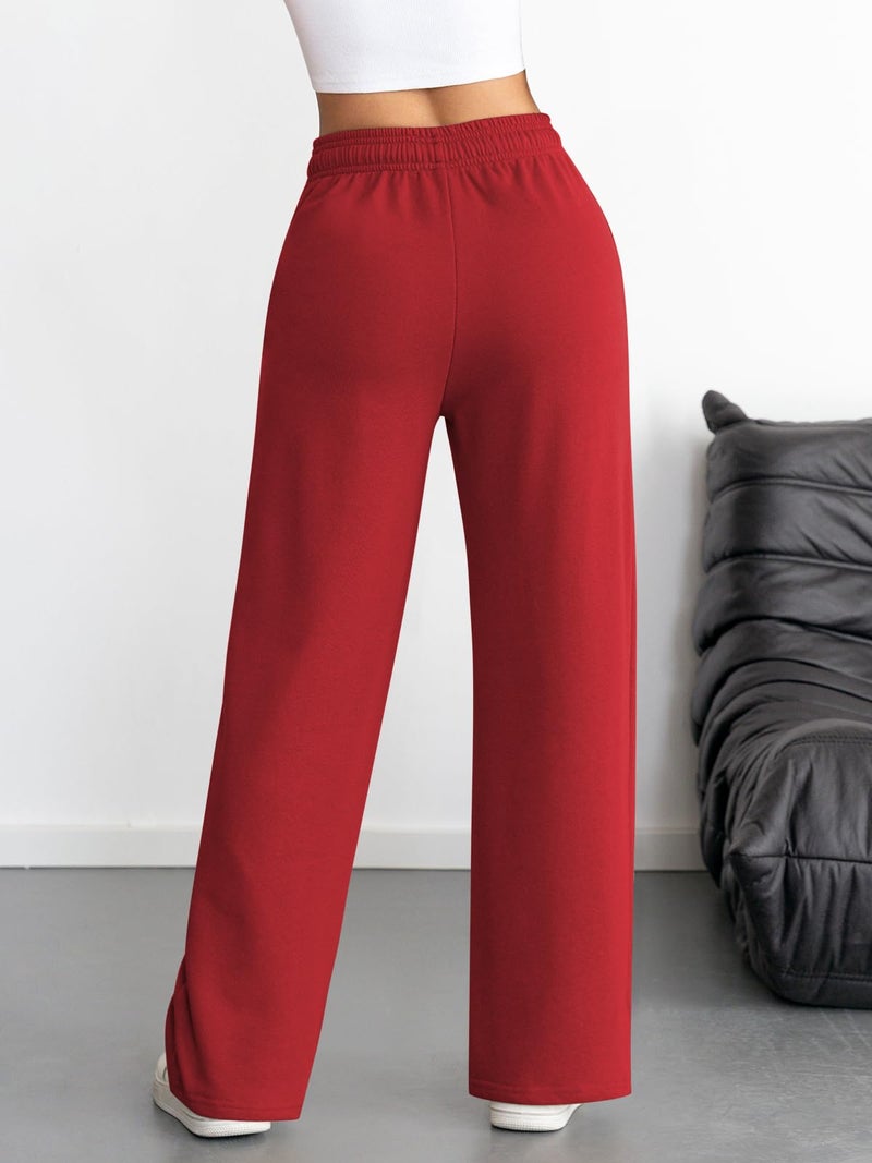 ATHMILE Women's Wide Leg Sweatpants High Waisted Baggy Interior Drawstring Joggers Straight Leg Sweat Pants with Pockets Red - Image 3