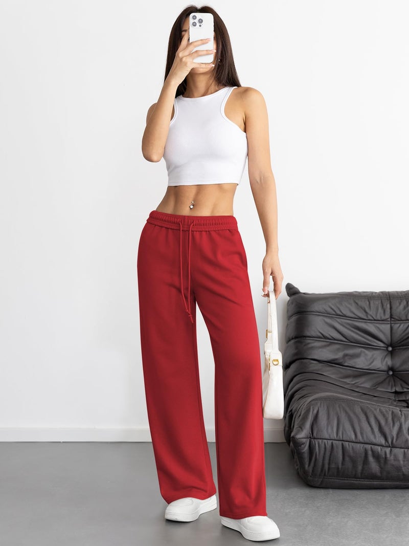 ATHMILE Women's Wide Leg Sweatpants High Waisted Baggy Interior Drawstring Joggers Straight Leg Sweat Pants with Pockets Red - Image 4