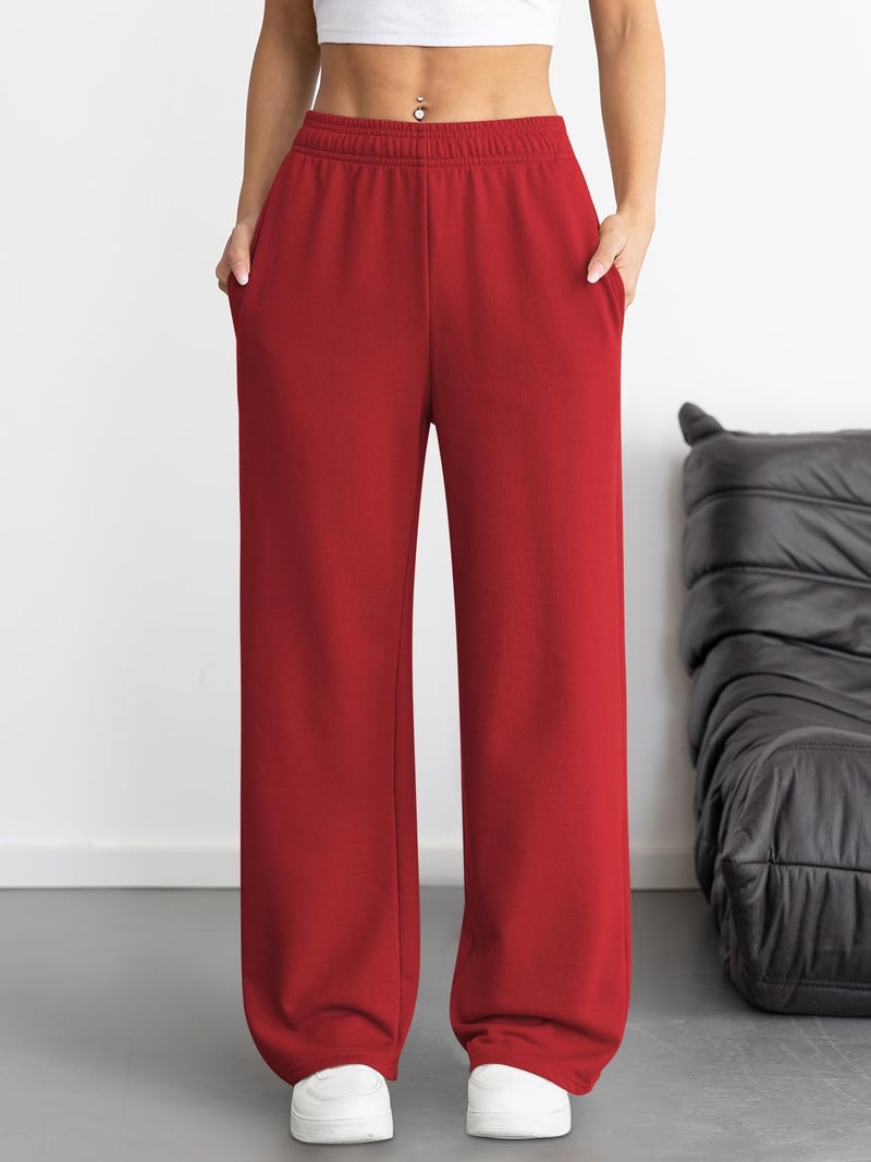ATHMILE Women's Wide Leg Sweatpants High Waisted Baggy Interior Drawstring Joggers Straight Leg Sweat Pants with Pockets Red - Image 2