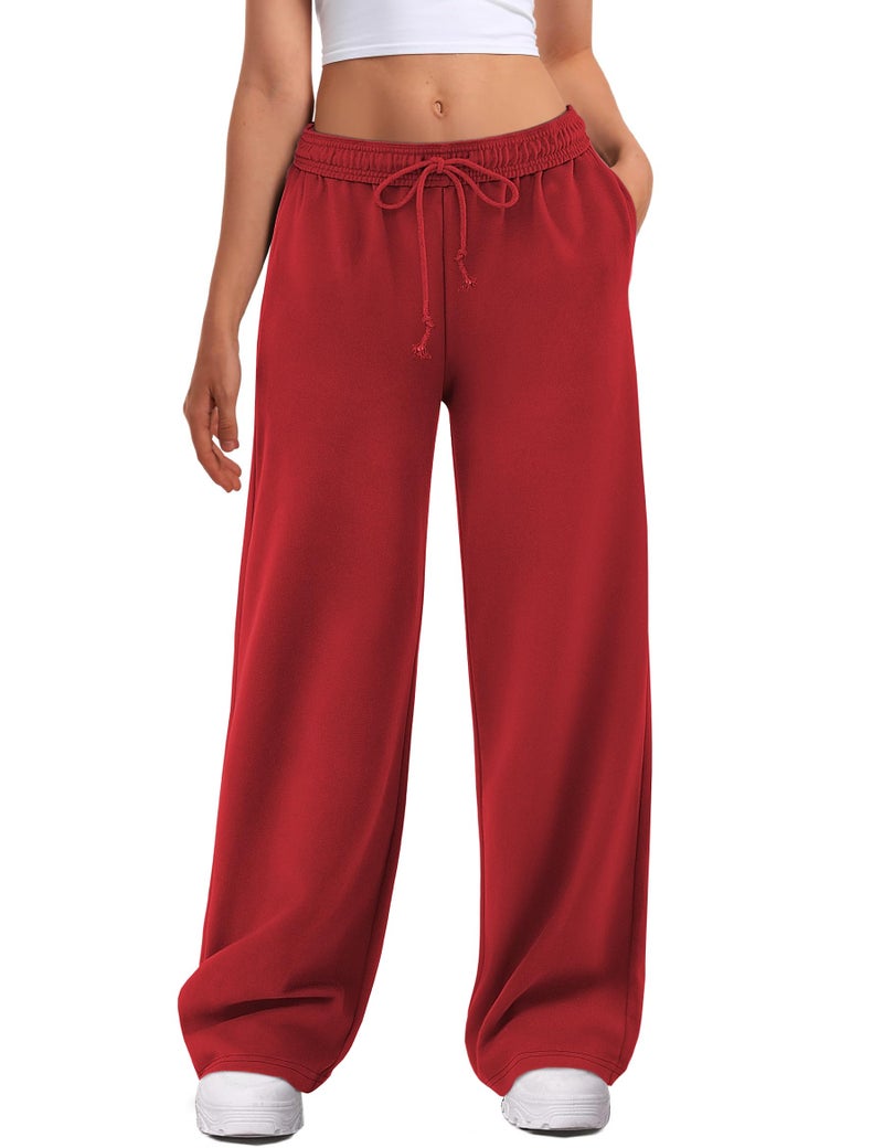 ATHMILE Women's Wide Leg Sweatpants High Waisted Baggy Interior Drawstring Joggers Straight Leg Sweat Pants with Pockets Red - Image 1