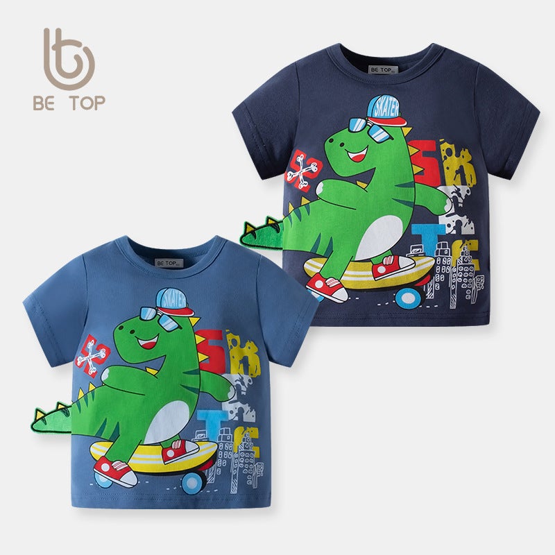 2024 Summer Children's New Boys T-Shirt Korean Version Printed Dinosaur Cartoon Top Pure Cotton Children's Clothing Wholesale Dropshipping - Image 2