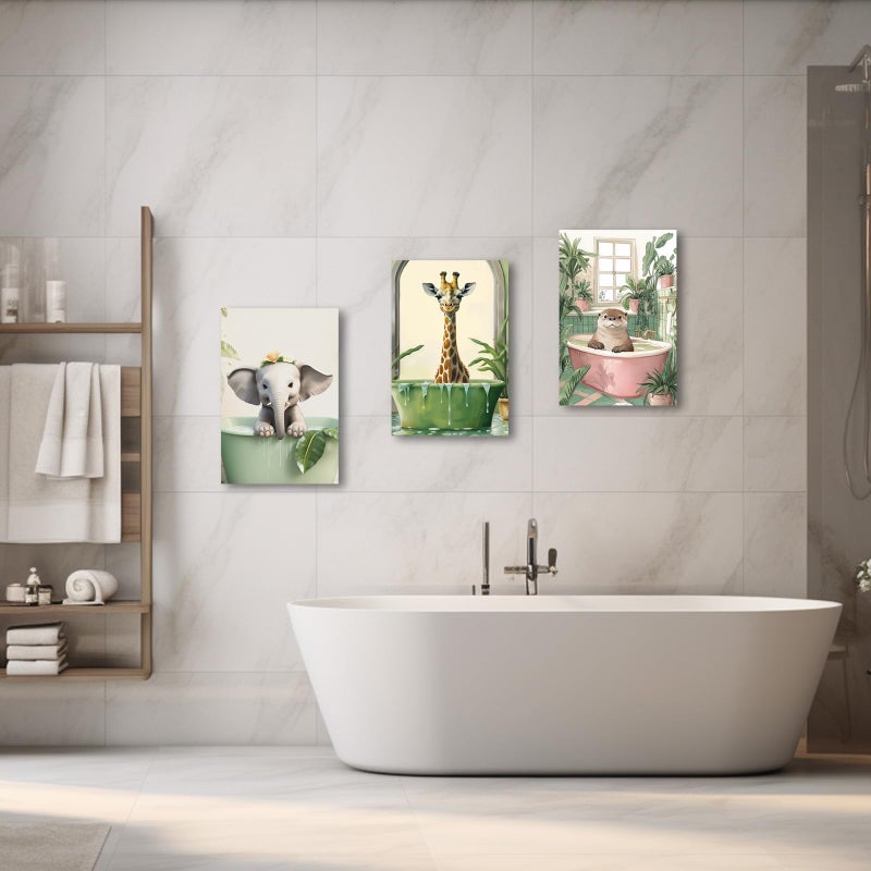 PBXBJY Kids Bathroom Wall Art Animal Bathroom Decor 3Pcs Funny Bathroom Posters Animals in the Bathtub Pictures Tropical Jungle Bath Wall Decor (White, (12.00" x 16.00" x 3PCS)) - Image 3