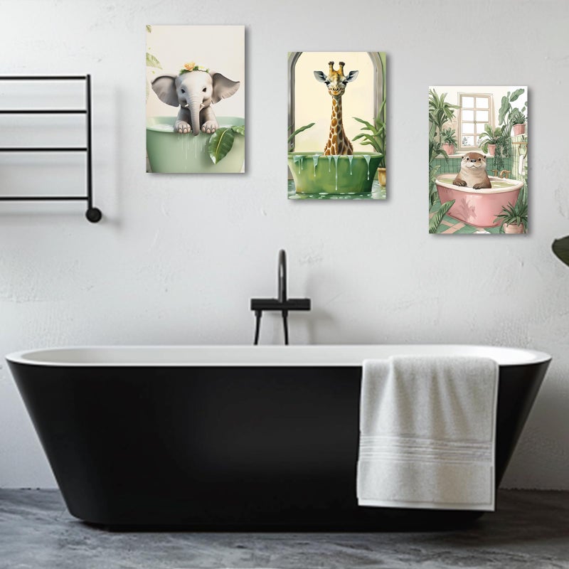 PBXBJY Kids Bathroom Wall Art Animal Bathroom Decor 3Pcs Funny Bathroom Posters Animals in the Bathtub Pictures Tropical Jungle Bath Wall Decor (White, (12.00" x 16.00" x 3PCS)) - Image 4