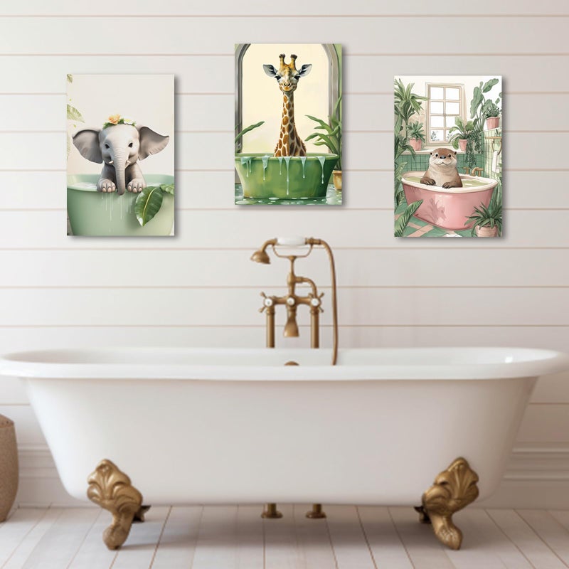 PBXBJY Kids Bathroom Wall Art Animal Bathroom Decor 3Pcs Funny Bathroom Posters Animals in the Bathtub Pictures Tropical Jungle Bath Wall Decor (White, (12.00" x 16.00" x 3PCS)) - Image 2