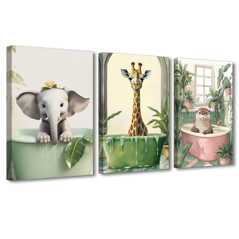 PBXBJY Kids Bathroom Wall Art Animal Bathroom Decor 3Pcs Funny Bathroom Posters Animals in the Bathtub Pictures Tropical Jungle Bath Wall Decor (White, (12.00" x 16.00" x 3PCS)) - Image 1