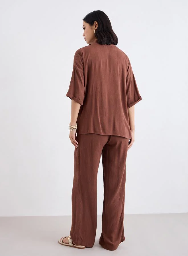 ستايلي Styli Textured Oversized Shirt and Wide Leg Pants Co-Ords