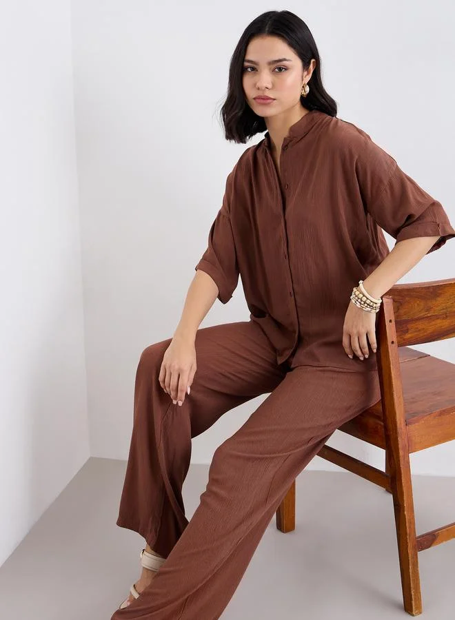 ستايلي Styli Textured Oversized Shirt and Wide Leg Pants Co-Ords