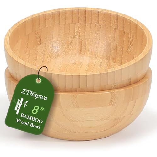 ZTHapwa Bamboo Salad Bowls, 8 Inch Big Round Bamboo Wooden Bowls for Salads/Fruits/Pasta/Vegetables, 49 Fl oz Handcraft Serving Bowl for Entertaining and Party, Rustic Home Decor Set of 2 - Image 1