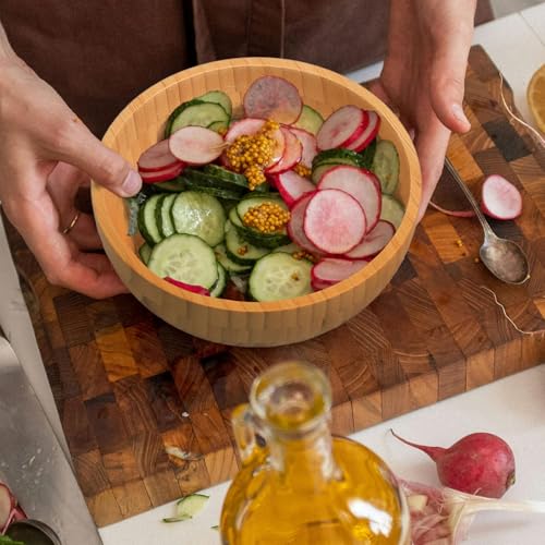 ZTHapwa Bamboo Salad Bowls, 8 Inch Big Round Bamboo Wooden Bowls for Salads/Fruits/Pasta/Vegetables, 49 Fl oz Handcraft Serving Bowl for Entertaining and Party, Rustic Home Decor Set of 2 - Image 5