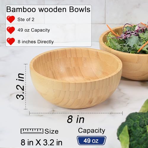 ZTHapwa Bamboo Salad Bowls, 8 Inch Big Round Bamboo Wooden Bowls for Salads/Fruits/Pasta/Vegetables, 49 Fl oz Handcraft Serving Bowl for Entertaining and Party, Rustic Home Decor Set of 2 - Image 2