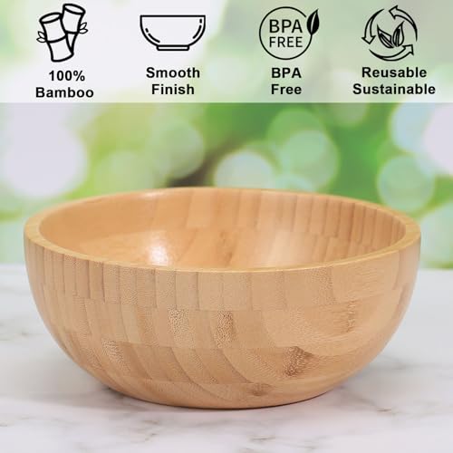 ZTHapwa Bamboo Salad Bowls, 8 Inch Big Round Bamboo Wooden Bowls for Salads/Fruits/Pasta/Vegetables, 49 Fl oz Handcraft Serving Bowl for Entertaining and Party, Rustic Home Decor Set of 2 - Image 3