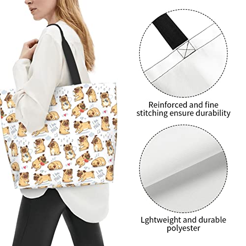 Qwalnely Tote Bag Beach Canvas Travel Reusable Grocery Shopping Bag Pug Gifts for Pug Lover - Image 5