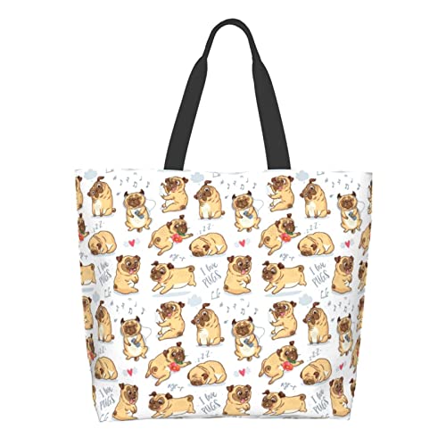 Qwalnely Tote Bag Beach Canvas Travel Reusable Grocery Shopping Bag Pug Gifts for Pug Lover - Image 1