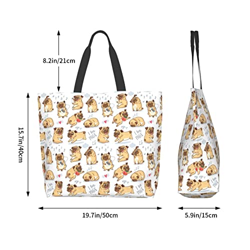 Qwalnely Tote Bag Beach Canvas Travel Reusable Grocery Shopping Bag Pug Gifts for Pug Lover - Image 2