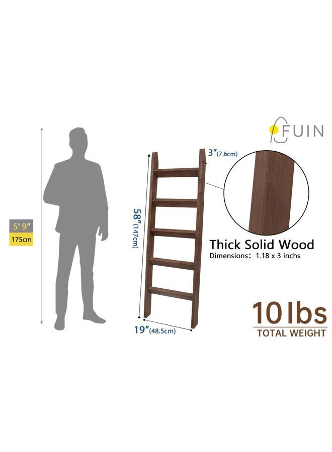 FUIN 5ft (58") Wood Blanket Ladder Living Room Decorative Wall Leaning Farmhouse Quilt Display Holder Storage Rustic Wooden Towel Rack for Bathroom, Brown - Image 5