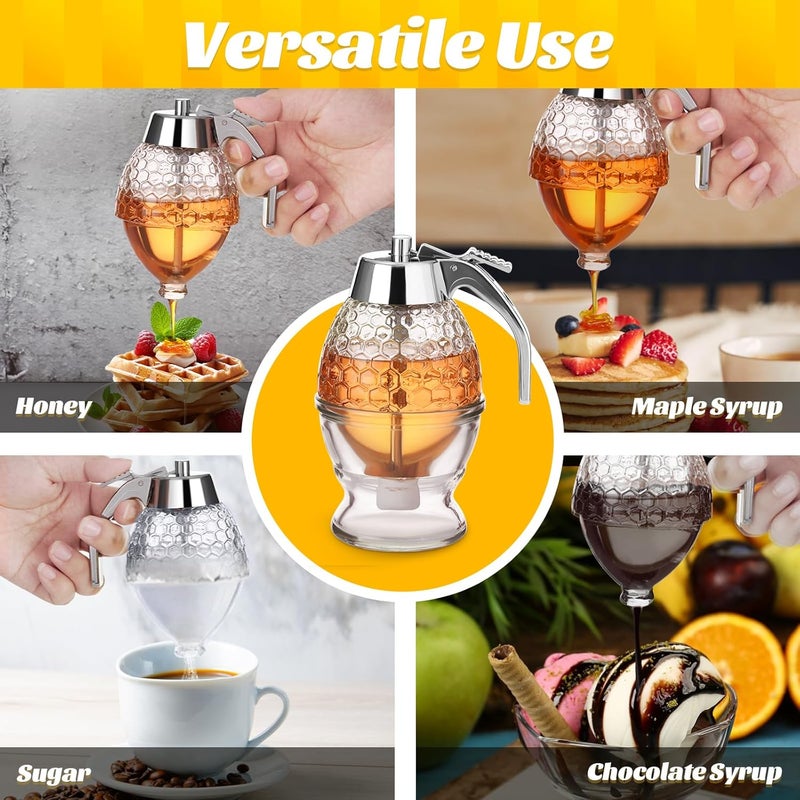 Timtopno Honey Dispenser, 8oz Honey Dispenser No Drip Glass with Stand, Honey Container & Coffee Syrup Dispenser for Tea Time & Gifting, Elegant Honeycomb Honey Jar - Honey Pot Bottle for Maple Syrup Bee - Image 4