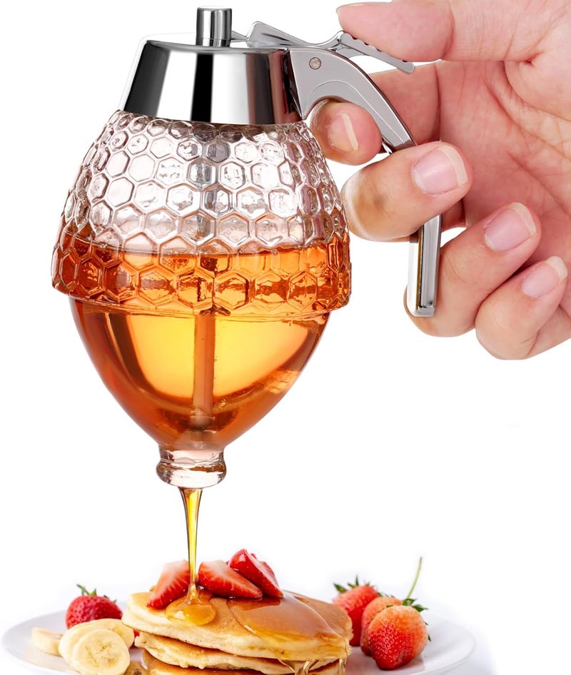 Timtopno Honey Dispenser, 8oz Honey Dispenser No Drip Glass with Stand, Honey Container & Coffee Syrup Dispenser for Tea Time & Gifting, Elegant Honeycomb Honey Jar - Honey Pot Bottle for Maple Syrup Bee - Image 1