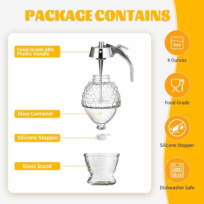 Timtopno Honey Dispenser, 8oz Honey Dispenser No Drip Glass with Stand, Honey Container & Coffee Syrup Dispenser for Tea Time & Gifting, Elegant Honeycomb Honey Jar - Honey Pot Bottle for Maple Syrup Bee - Image 3