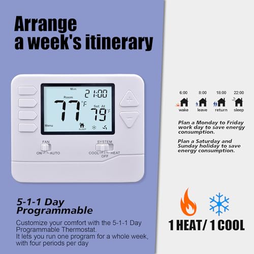 Heagstat 5-1-1 Day Programmable Thermostat for Home Conventional Single-Stage Systems, up to 1 Heat/ 1 Cool, (with White Backlight) - Image 2