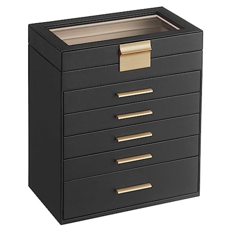 Jewellery Box with Glass Lid, 6-Tier Jewellery Organiser, 5 Drawers, for Sunglasses, Big Jewellery, Jewellery Storage, Modern Style, and Gold Colour JBC171B01 - Image 1
