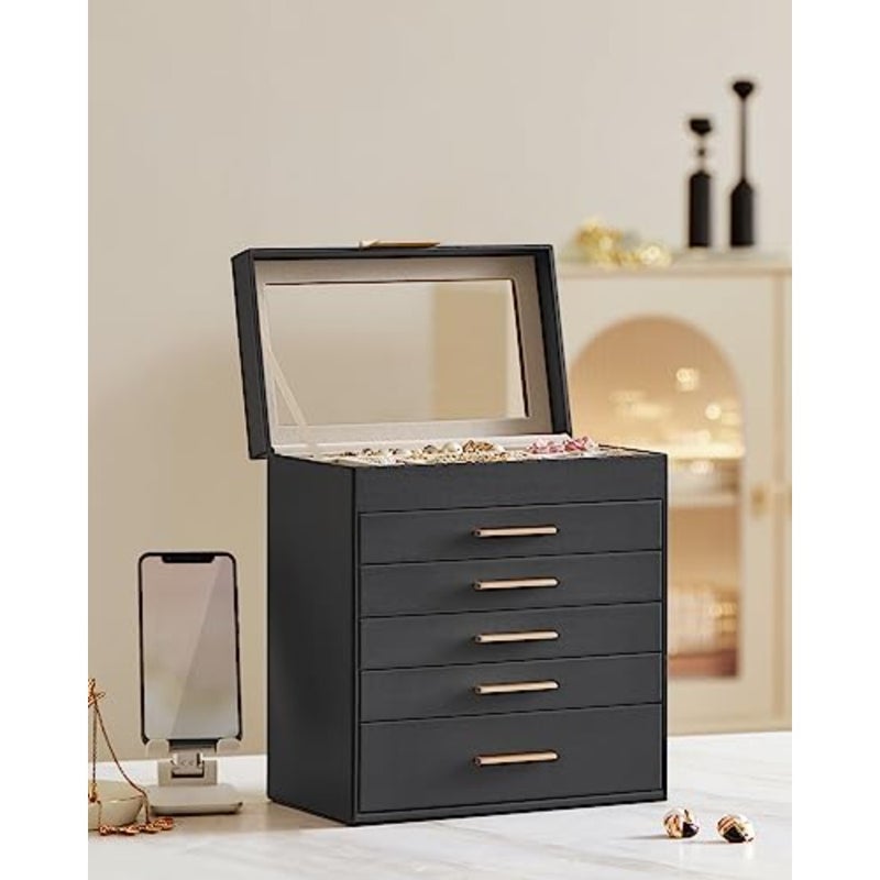 Jewellery Box with Glass Lid, 6-Tier Jewellery Organiser, 5 Drawers, for Sunglasses, Big Jewellery, Jewellery Storage, Modern Style, and Gold Colour JBC171B01 - Image 2