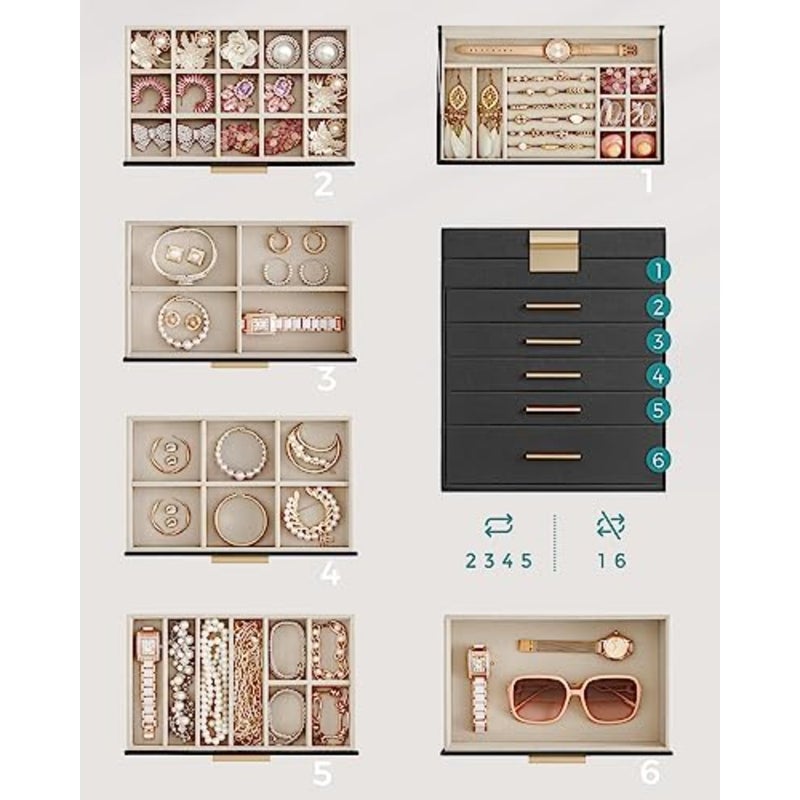 Jewellery Box with Glass Lid, 6-Tier Jewellery Organiser, 5 Drawers, for Sunglasses, Big Jewellery, Jewellery Storage, Modern Style, and Gold Colour JBC171B01 - Image 3