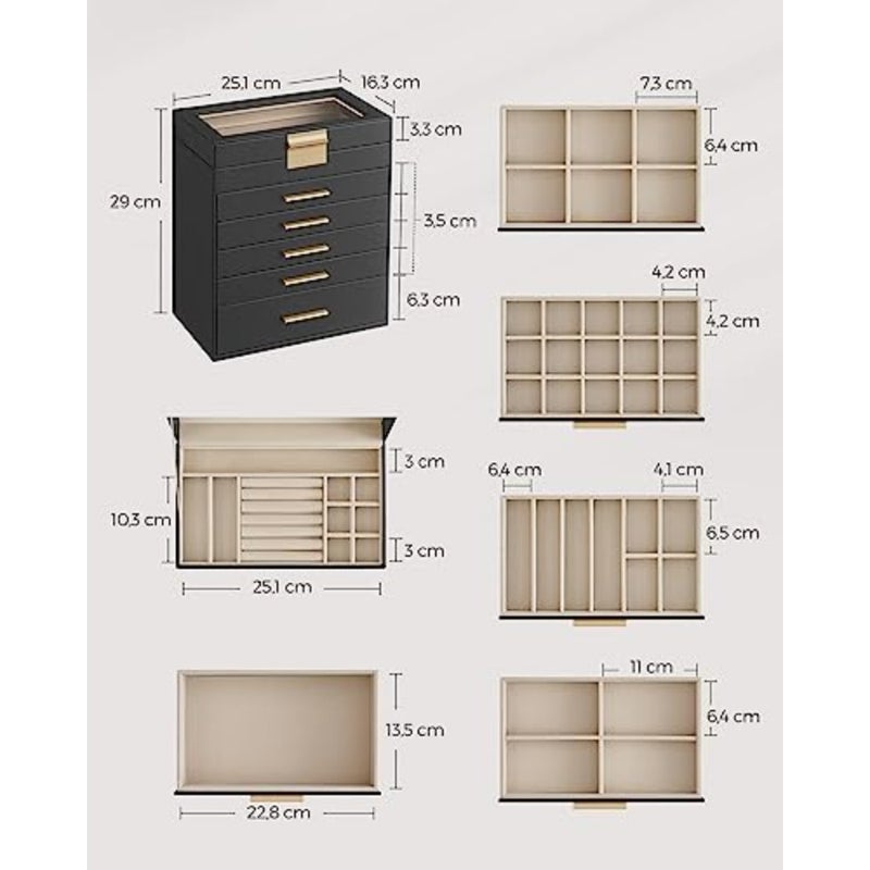 Jewellery Box with Glass Lid, 6-Tier Jewellery Organiser, 5 Drawers, for Sunglasses, Big Jewellery, Jewellery Storage, Modern Style, and Gold Colour JBC171B01 - Image 5