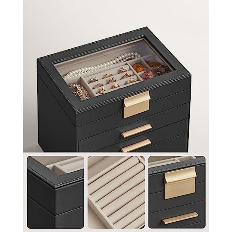 Jewellery Box with Glass Lid, 6-Tier Jewellery Organiser, 5 Drawers, for Sunglasses, Big Jewellery, Jewellery Storage, Modern Style, and Gold Colour JBC171B01 - Image 4
