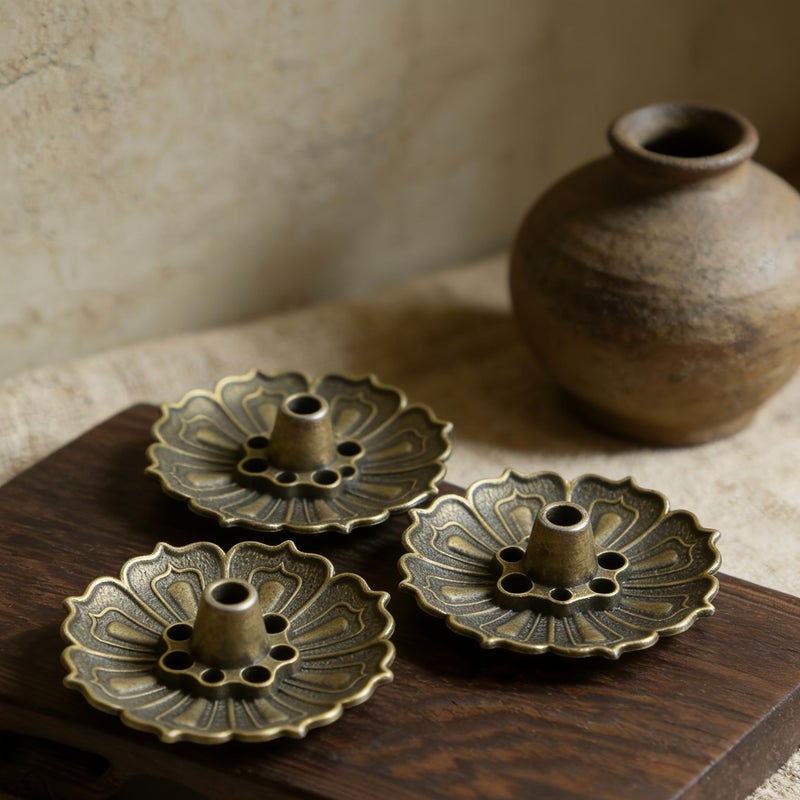 Lotus Incense Holder Single Layer Vintage Bronze Color 5Pcs Set Decorative Home Ornament - Image 1