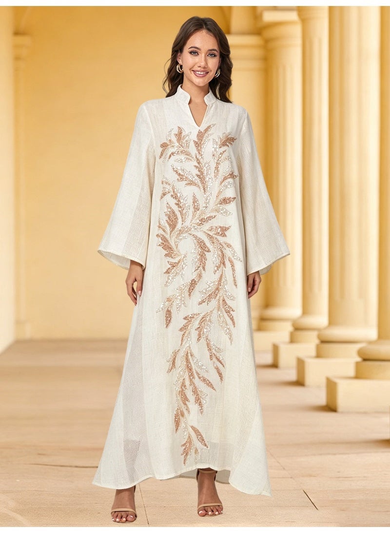 Kaiyuede Abaya Eid Ramadan White Rose Gold Sequin Polyester Breathable Stand Collar Opaque Lined Full Coverage Daily S-XL - Image 1