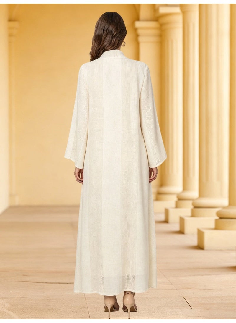 Kaiyuede Abaya Eid Ramadan White Rose Gold Sequin Polyester Breathable Stand Collar Opaque Lined Full Coverage Daily S-XL - Image 2