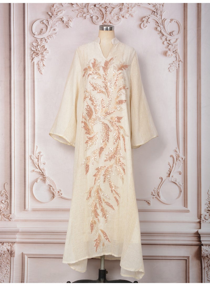Kaiyuede Abaya Eid Ramadan White Rose Gold Sequin Polyester Breathable Stand Collar Opaque Lined Full Coverage Daily S-XL - Image 4