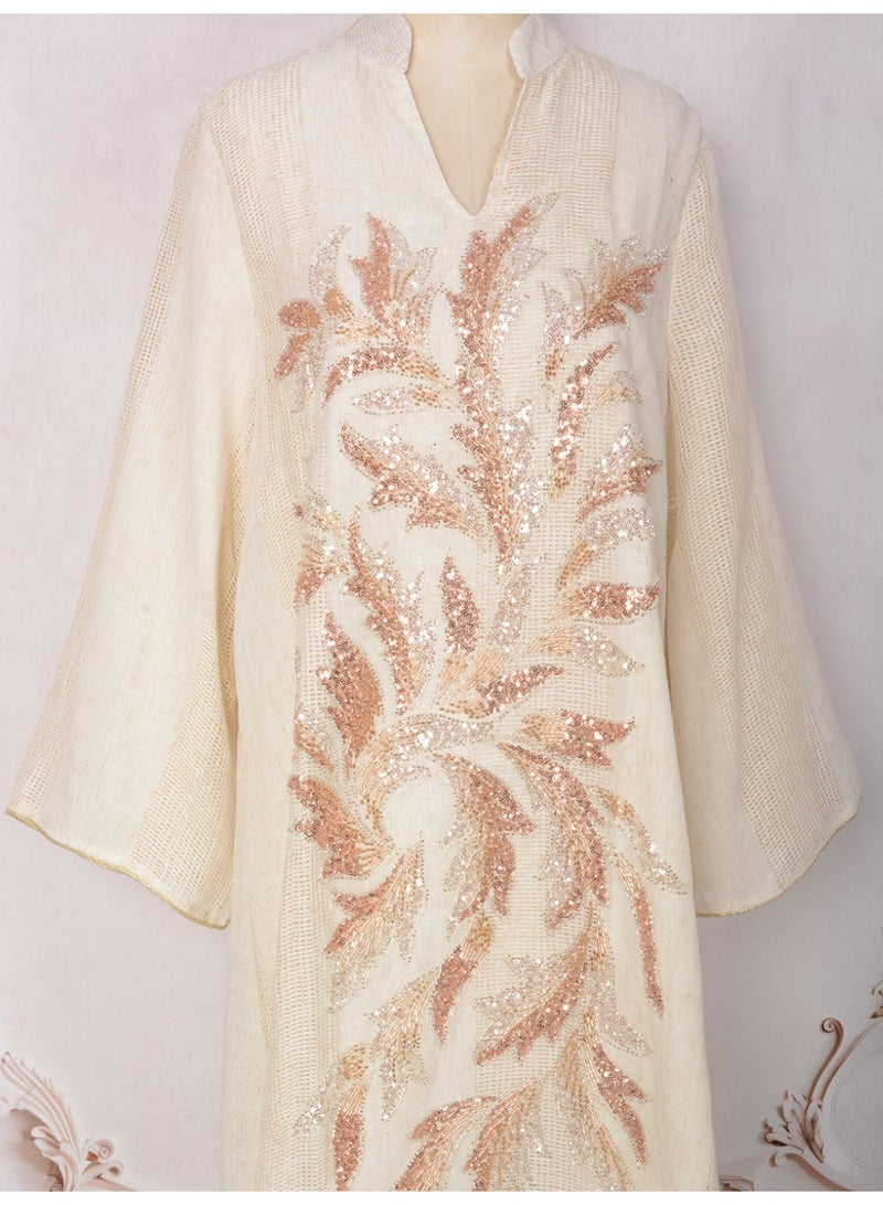 Kaiyuede Abaya Eid Ramadan White Rose Gold Sequin Polyester Breathable Stand Collar Opaque Lined Full Coverage Daily S-XL - Image 5