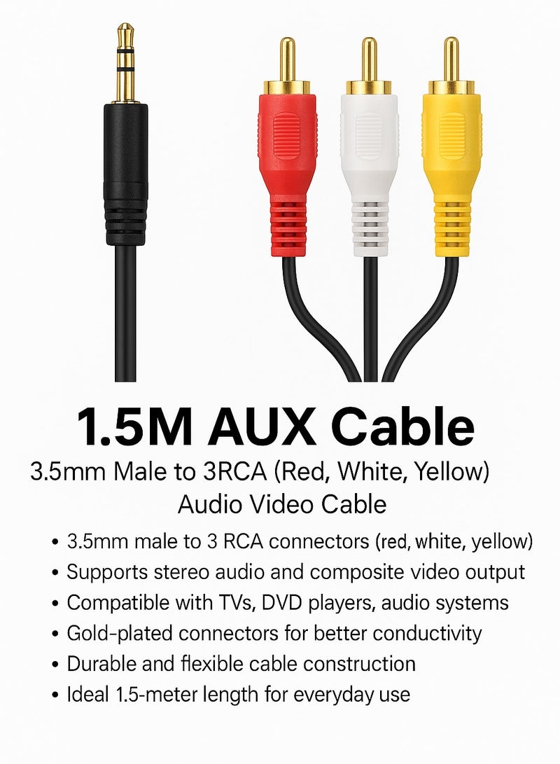 FUJISHKA 1.5M AUX Cable – 3.5mm Male to 3RCA (Red, White, Yellow) Audio Video Cable  - Image 5