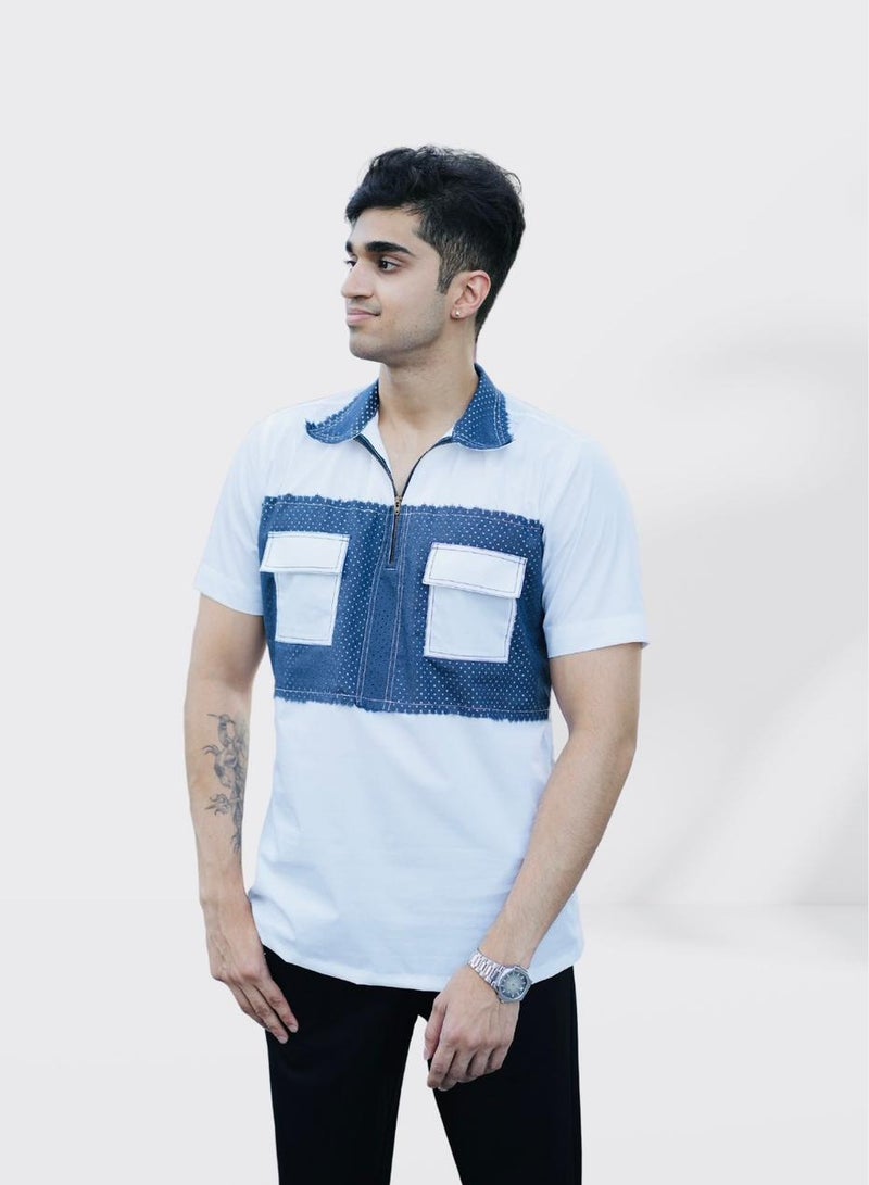 Men’s Stretchable Cotton T-Shirt – Short Sleeves, Breathable, Blue & White – Perfect for Office & Casual Party Outings - Image 2