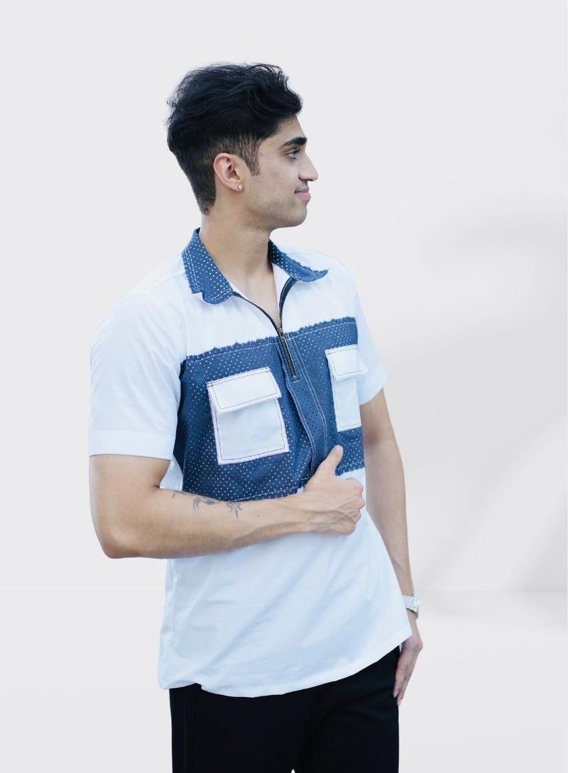 Men’s Stretchable Cotton T-Shirt – Short Sleeves, Breathable, Blue & White – Perfect for Office & Casual Party Outings - Image 3