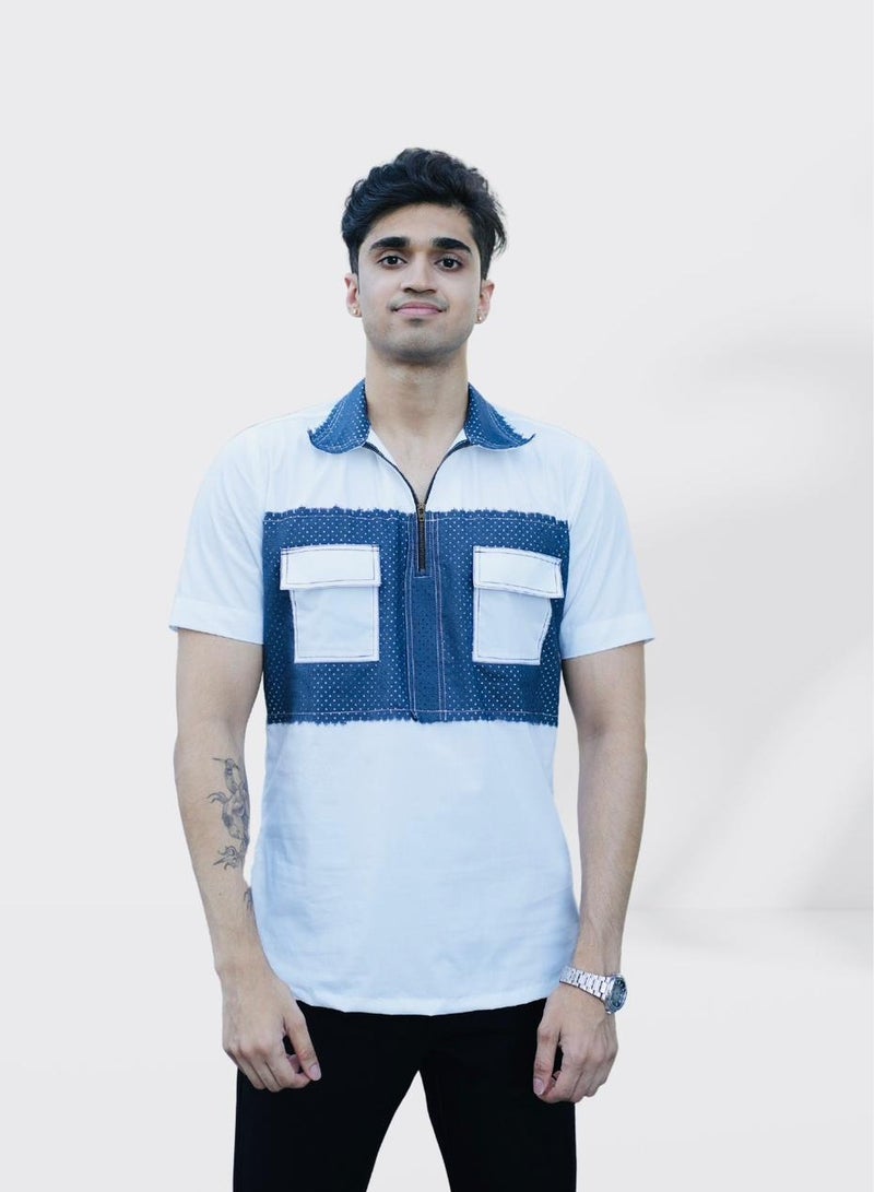 Men’s Stretchable Cotton T-Shirt – Short Sleeves, Breathable, Blue & White – Perfect for Office & Casual Party Outings - Image 1