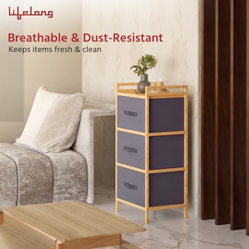 Lifelong Multipurpose Storage 3-Drawer Fabric Closet| Kitchen and Bedroom Drawer Organizer | Large Fabric Drawers, Shelves with Wooden Frame, Ideal for Clothes| Home & Office Organization - Image 2