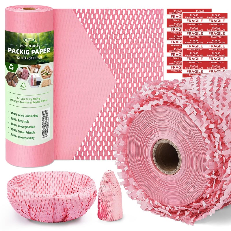 Besitek Honeycomb Packing Paper 12 x 200 Packing Paper Substitute Alternative for Bubble Cushioning Wrap for Moving Shipping Packaging Recyclable Moving Supplies Bubble Packing Wrap RollPink - Image 2